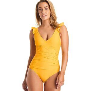 Ellen Tracy Womens Yellow Flutter Sleeve 1 Piece Bathing Suit Size 10